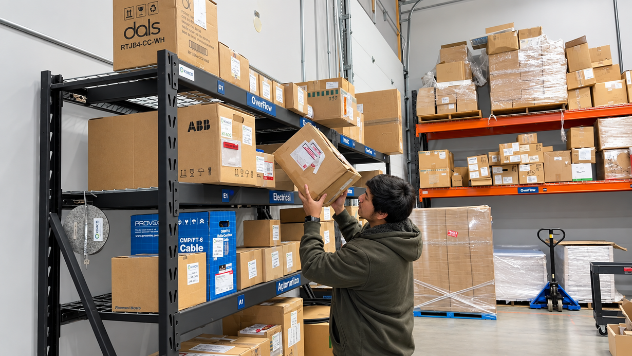Daniel, wearing a green hoodie, lifts a cardboard box onto a black metal shelf labelled Electrical in the Kimco warehouse, with wrapped pallets and orange racking behind him.